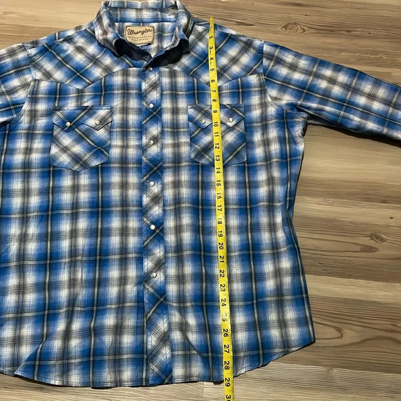 Wrangler western snap up shirt Blue plaid Pearlized snaps Long sleeves Mens XL - Picture 10 of 14